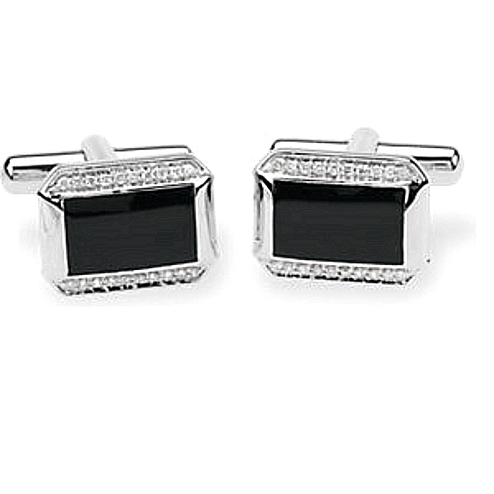 14k White Gold and Black Inlay Diamond Cuff Links. 