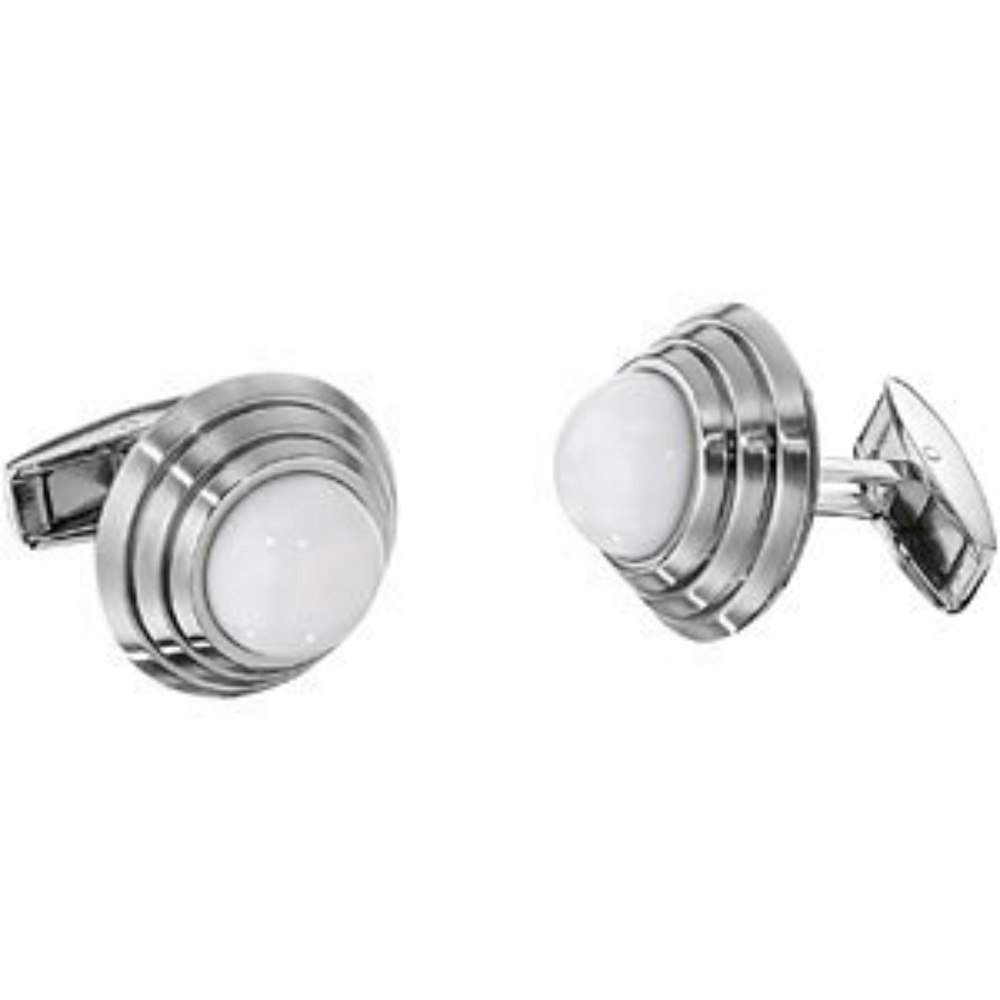 Stainless Steel White Agate Round Cuff Links. 