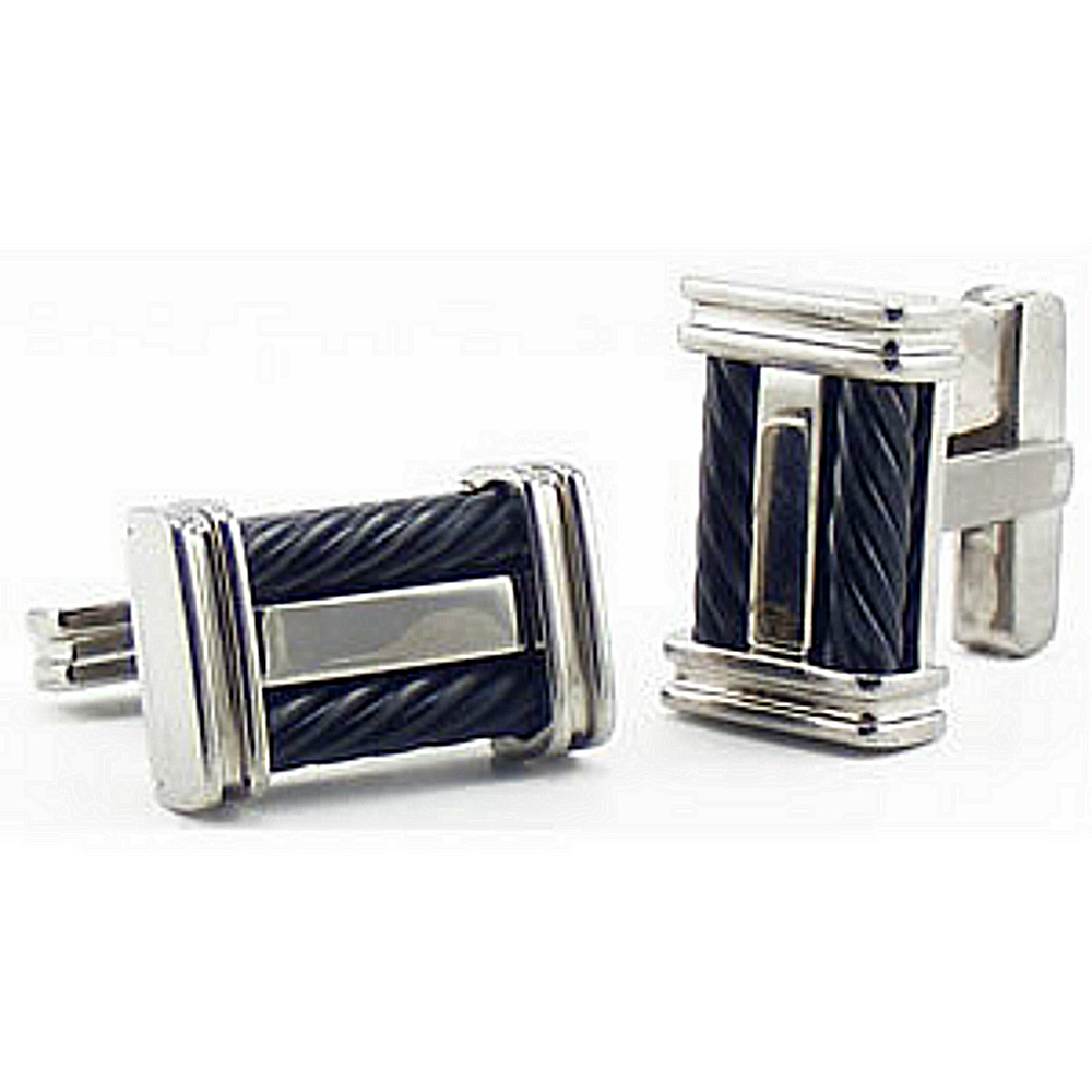 Titanium and Black Steel Cable Rectangle Cuff Links. 