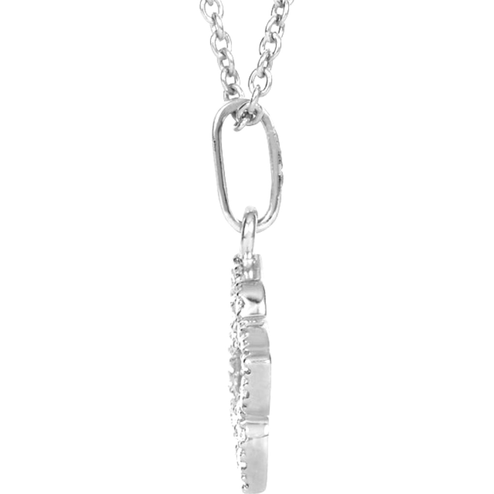 Side view of diamond cross 14k white gold necklace with 16 inch chain.