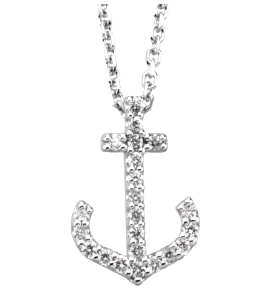 Rhodium plated 14k white gold diamond anchor cross with 22 hand-sent diamonds. Necklace is 16 inches long, it is a collar necklacle that sits at the nape of the neck.