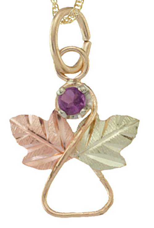 Amethyst Angel Heart Pendant Necklace, 10k Yellow Gold, 12k Green and Rose Gold Black Hills Gold Motif