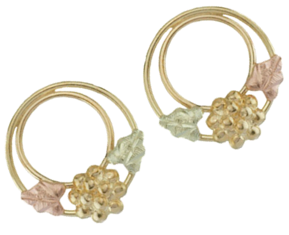 Double Circle Earrings, 10k Yellow Gold, 12k Rose and Green Gold Black Hills Gold Motif