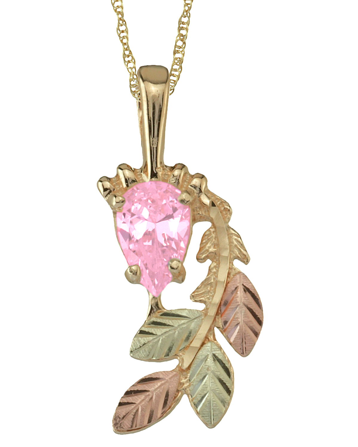 Pear Pink CZ Pendant Necklace, 10k Yellow Gold, 12k Green and Rose Gold Black Hills Gold Motif