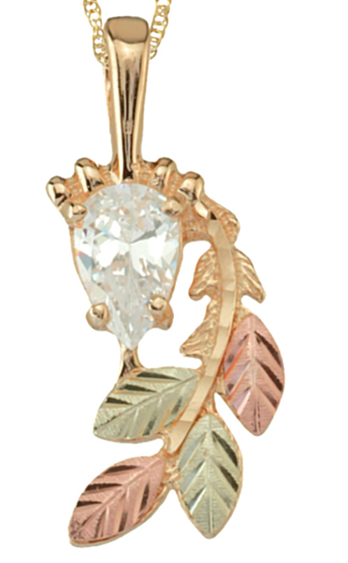 Pear White CZ Pendant Necklace, 10k Yellow Gold, 12k Green and Rose Gold Black Hills Gold Motif