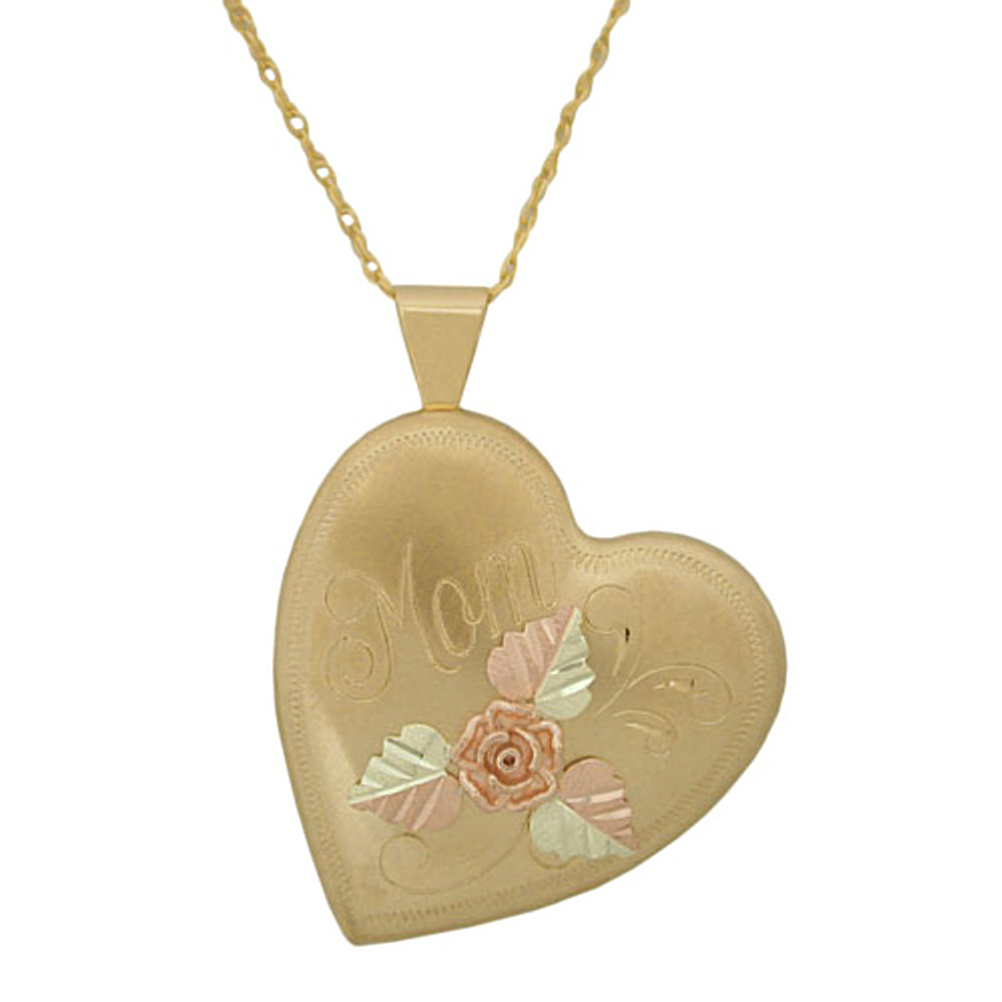 10k Yellow Gold 'Mom' Heart Necklace with hand-crafted 12k red gold and 2k green gold leaves in Black Hills old motif.