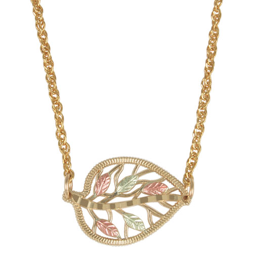 10k Yellow Gold Filigree Heart Necklace with hand-crafted 12k red gold and 2k green gold leaves in Black Hills old motif.