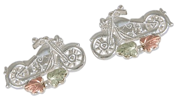 Motorcycle Stud Earrings, Sterling Silver, 12k Green and Rose Gold Black Hills Gold Motif 