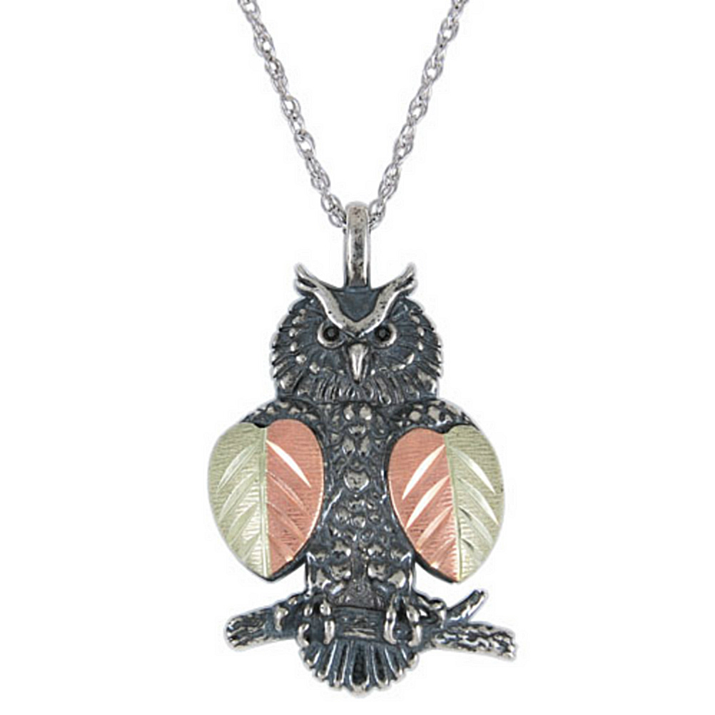 Antiqued Owl Necklace in sterling silver, 12k rose gold and 12k green gold