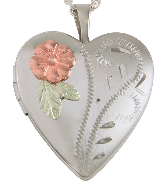 Sterling Silver Heart Locket with 12k Rose and Green Gold Flower, Necklace is 18 Inches Long