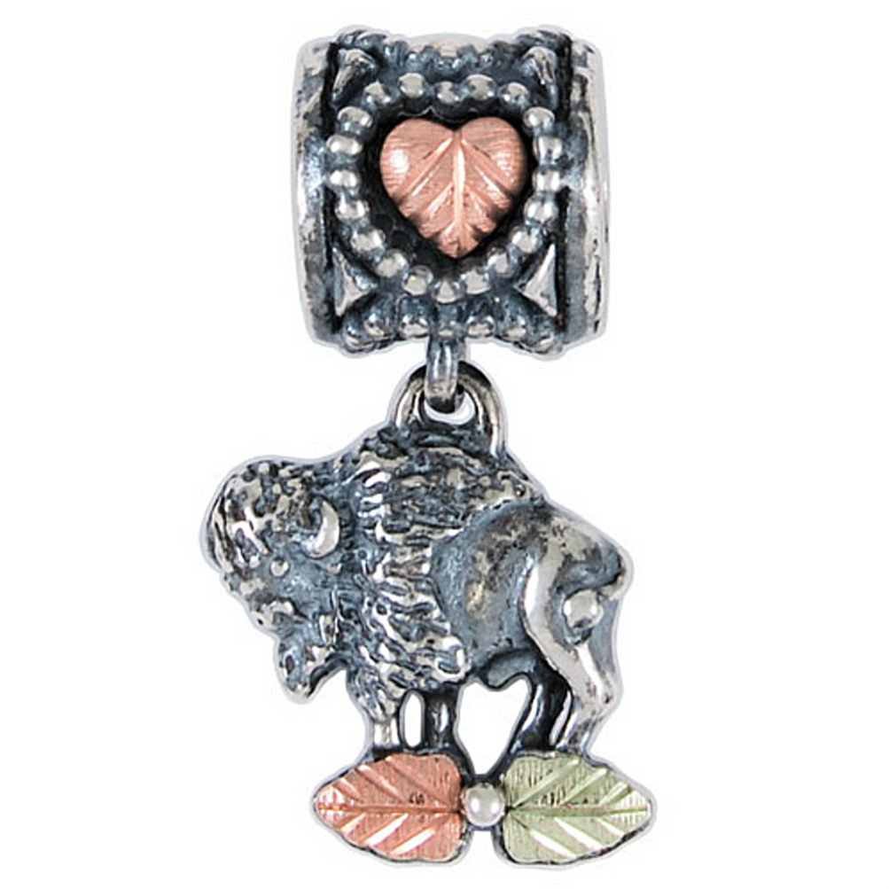 Antiqued South Dakota Buffalo and heart dangle bead charm pendant in Black Hills Gold Motif.