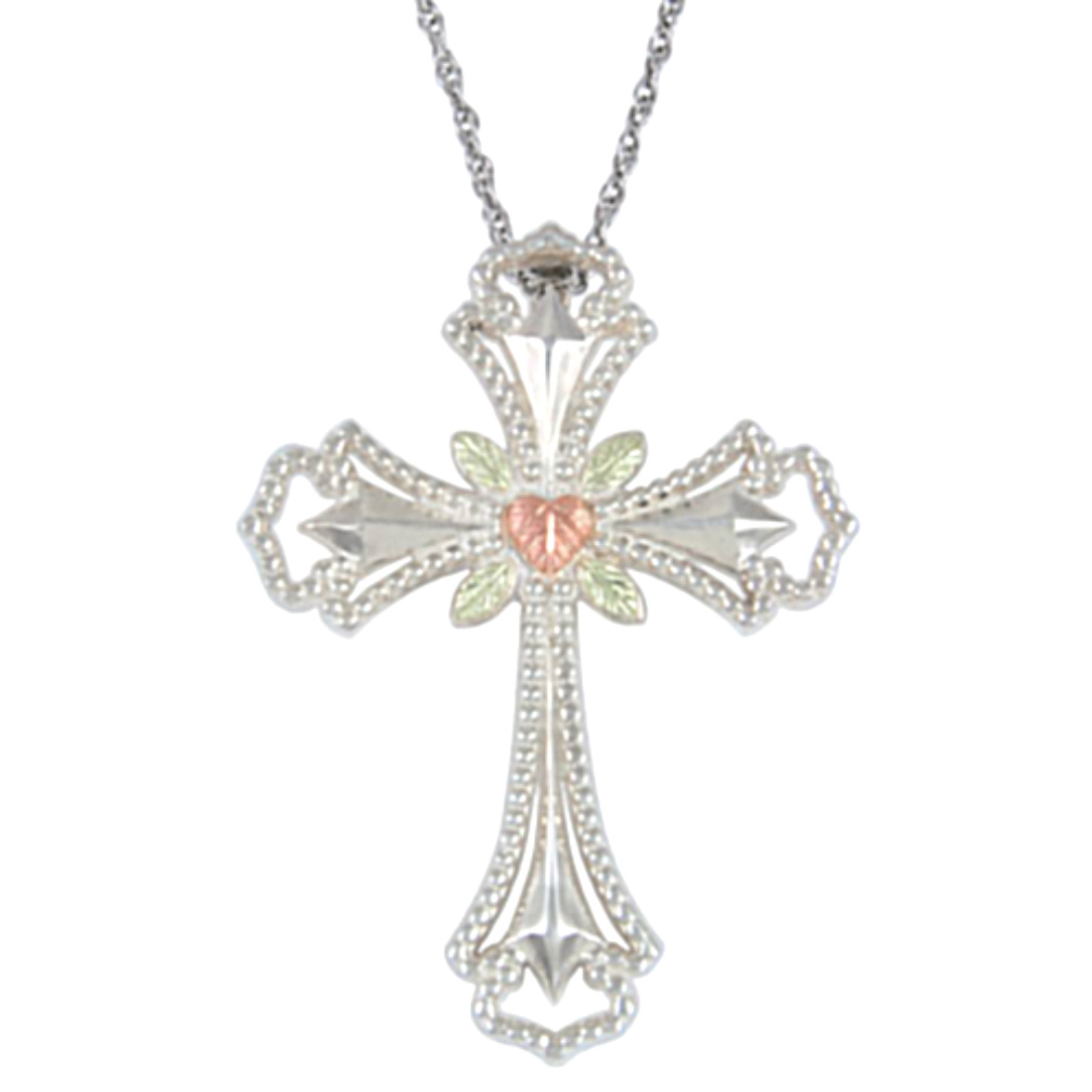 Cross Pendant Necklace, Sterling Silver, 12k Green and Rose Gold Black Hills Gold Motif