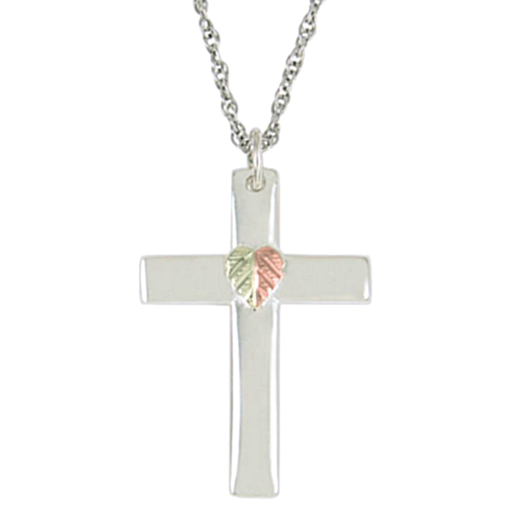 Cross Pendant Necklace, Sterling Silver, 12k Green and Rose Gold Black Hills Gold Motif