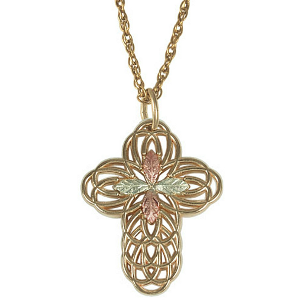 Filigree cross in 10k yellow gold with a 12k rose and green gold flower on center, necklace is 18 inches long.