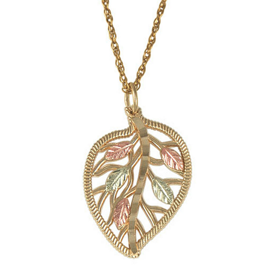 10k yellow gold diamond-cut leaf necklace with 12k green and rose gold.