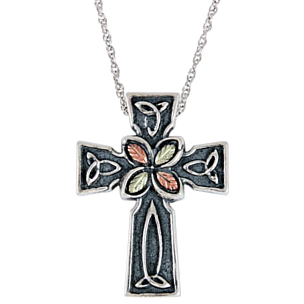 Oxidized Cross Pendant Necklace, Sterling Silver, 12k Green and Rose Gold Black Hills Gold Motif