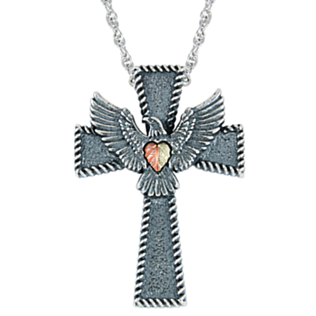 Oxidized Eagle Cross Pendant Necklace, Sterling Silver, 12k Green and Rose Gold Black Hills Gold Motif