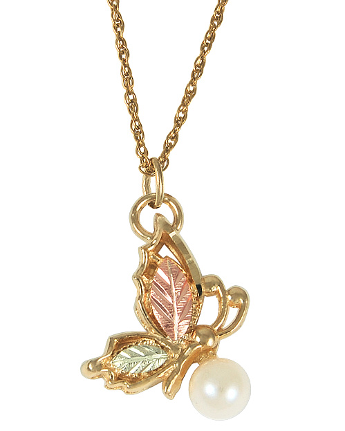 Pearl Butterfly Pendant Necklace, 10k Yellow Gold, 12k Green and Rose Gold Black Hills Gold Motif