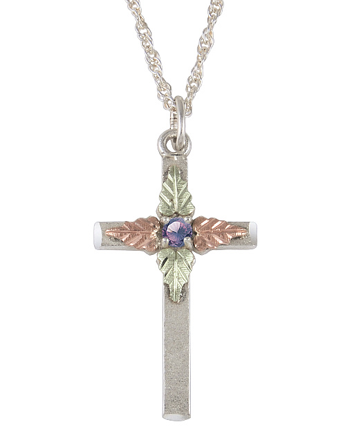 Amethyst Cross Pendant Necklace, Sterling Silver, 12k Green and Rose Gold Black Hills Gold Motif