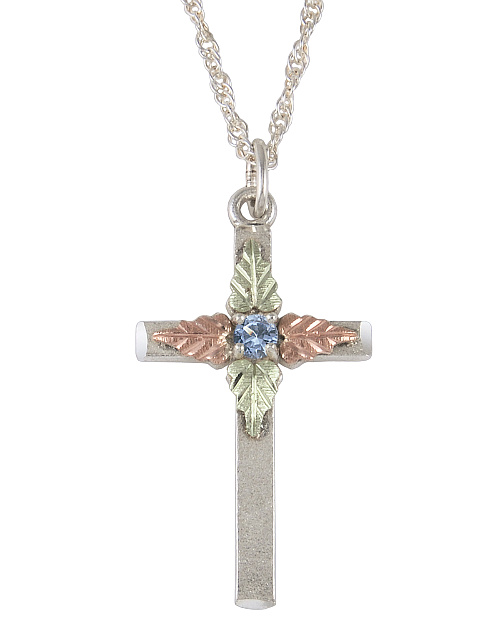 Aquamarine Cross Pendant Necklace, Sterling Silver, 12k Green and Rose Gold Black Hills Gold Motif