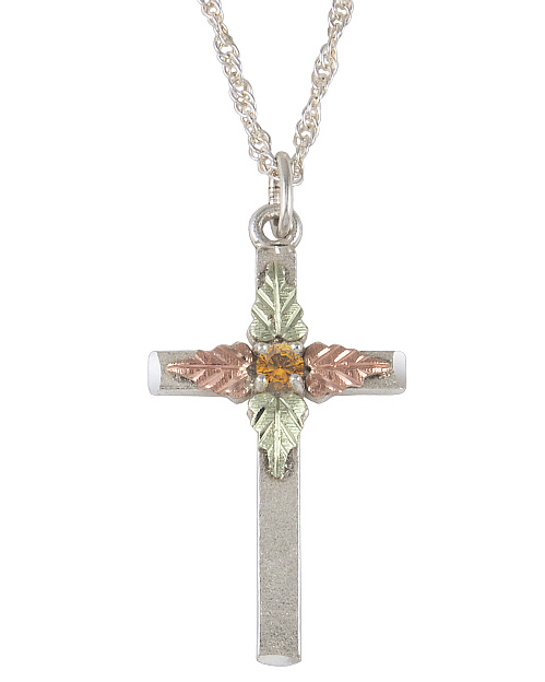 Citrine Cross Pendant Necklace, Sterling Silver, 12k Green and Rose Gold Black Hills Gold Motif