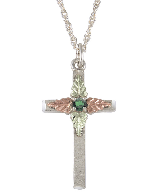 Emerald Cross Pendant Necklace, Sterling Silver, 12k Green and Rose Gold Black Hills Gold Motif