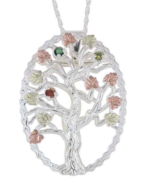 Emerald, Peridot and Garnet Tree Pendant Necklace, Sterling Silver, 12k Green and Rose Gold Black Hills Gold Motif