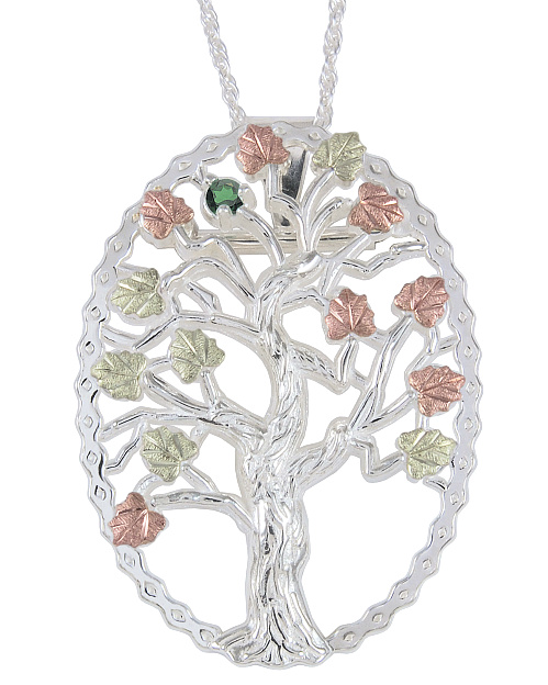 Emerald Tree Pendant Necklace, Sterling Silver, 12k Green and Rose Gold Black Hills Gold Motif