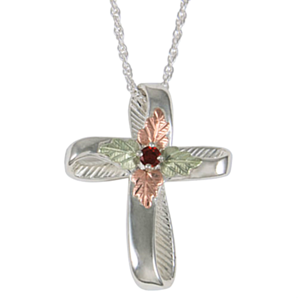 Garnet Twisted Cross Pendant Necklace, Sterling Silver, 12k Green and Rose Gold Black Hills Gold Motif