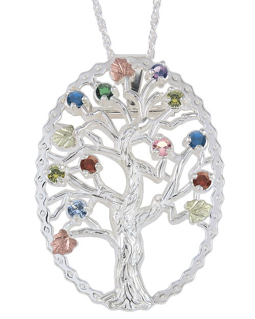 Multi Gemstone Tree Pendant Necklace, Sterling Silver, 12k Green and Rose Gold Black Hills Gold Motif