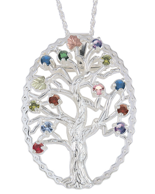 Multi Gemstone Tree Pendant Necklace, Sterling Silver, 12k Green and Rose Gold Black Hills Gold Motif