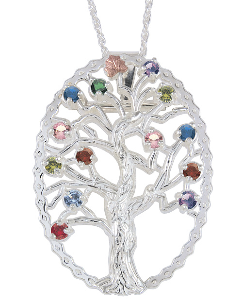 Multi Gemstone Tree Pendant Necklace, Ruby Sterling Silver, 12k Green and Rose Gold Black Hills Gold Motif