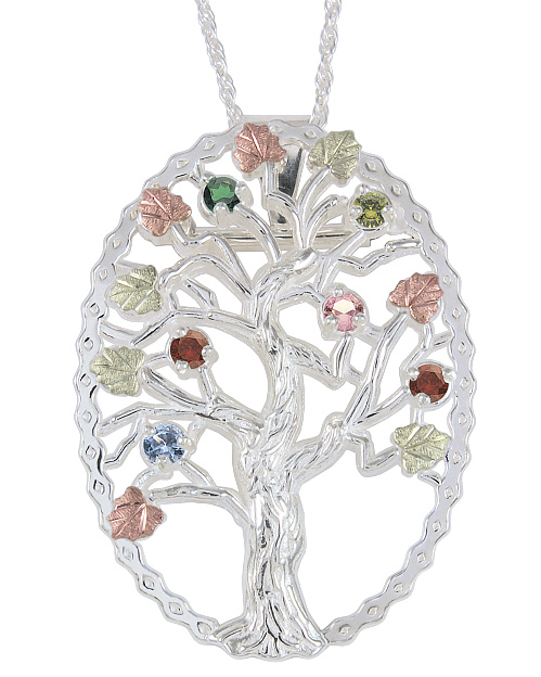 Multi Gemstone Tree Pendant Necklace, Sterling Silver, 12k Green and Rose Gold Black Hills Gold Motif