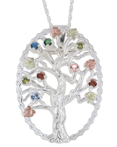 Multi Gemstone Tree Pendant Necklace, Sterling Silver, 12k Green and Rose Gold Black Hills Gold Motif