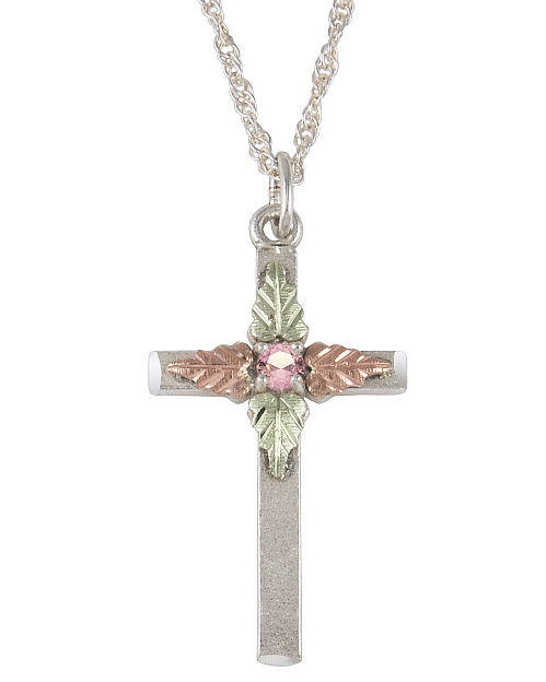 Pink Tourmaline Cross Pendant Necklace, Sterling Silver, 12k Green and Rose Gold Black Hills Gold Motif