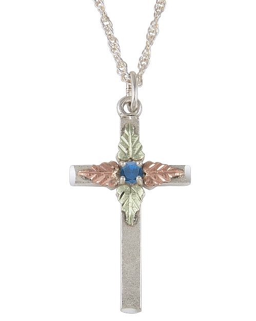 Sapphire Cross Pendant Necklace, Sterling Silver, 12k Green and Rose Gold Black Hills Gold Motif