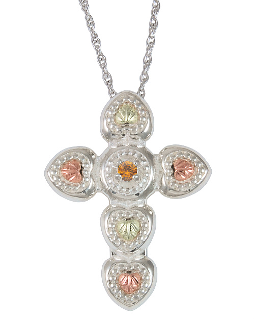 Tri-Tone Citrine Leaf Cross Pendant, Sterling Silver, 12k Green and Rose Gold Black Hills Gold Motif