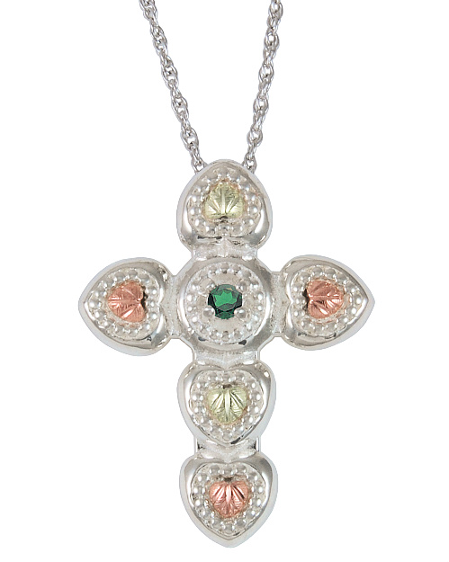 Tri-Tone Emerald Leaf Cross Pendant, Sterling Silver, 12k Green and Rose Gold Black Hills Gold Motif