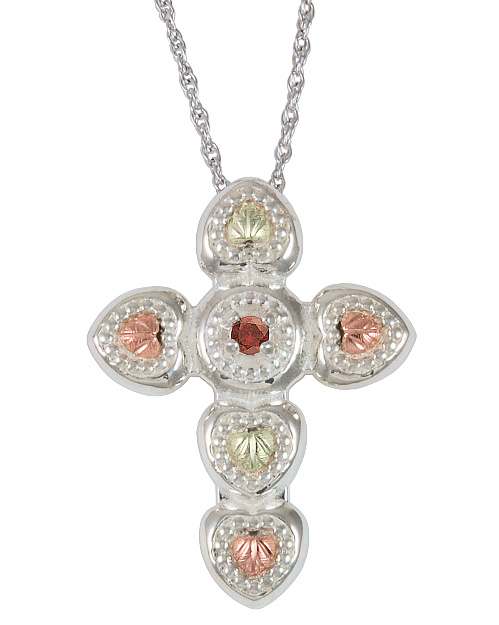 Tri-Tone Garnet Leaf Cross Pendant, Sterling Silver, 12k Green and Rose Gold Black Hills Gold Motif