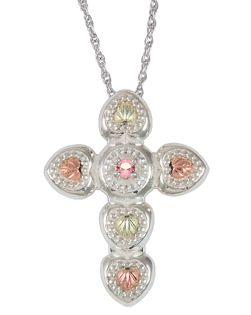 Tri-Tone Pink Tourmaline Leaf Cross Pendant, Sterling Silver, 12k Green and Rose Gold Black Hills Gold Motif