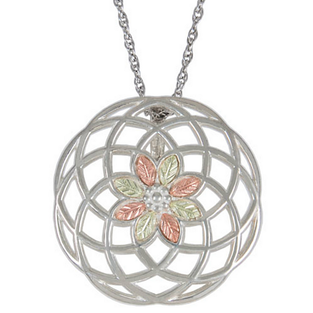 Round Cut-Out Flower Pendant Necklace, Sterling Silver, 12k Rose Gold, 12k Green Gold