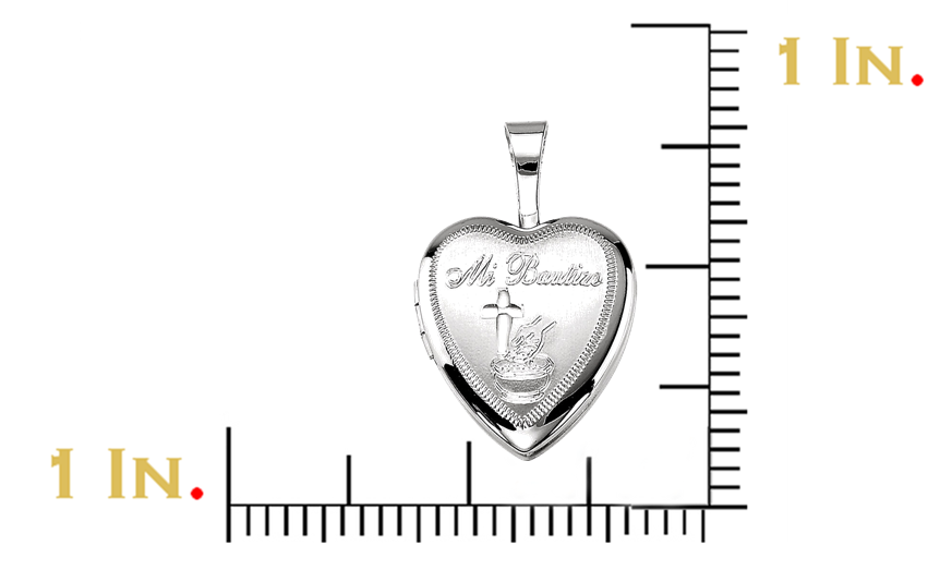 Girl's Sterling Silver 'Mi Bautizo' Latin Cross Heart Locket Pendant.