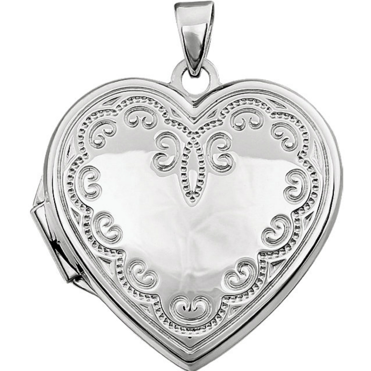 Heart with Scroll Design Rhodium Plated 14k White Gold Locket