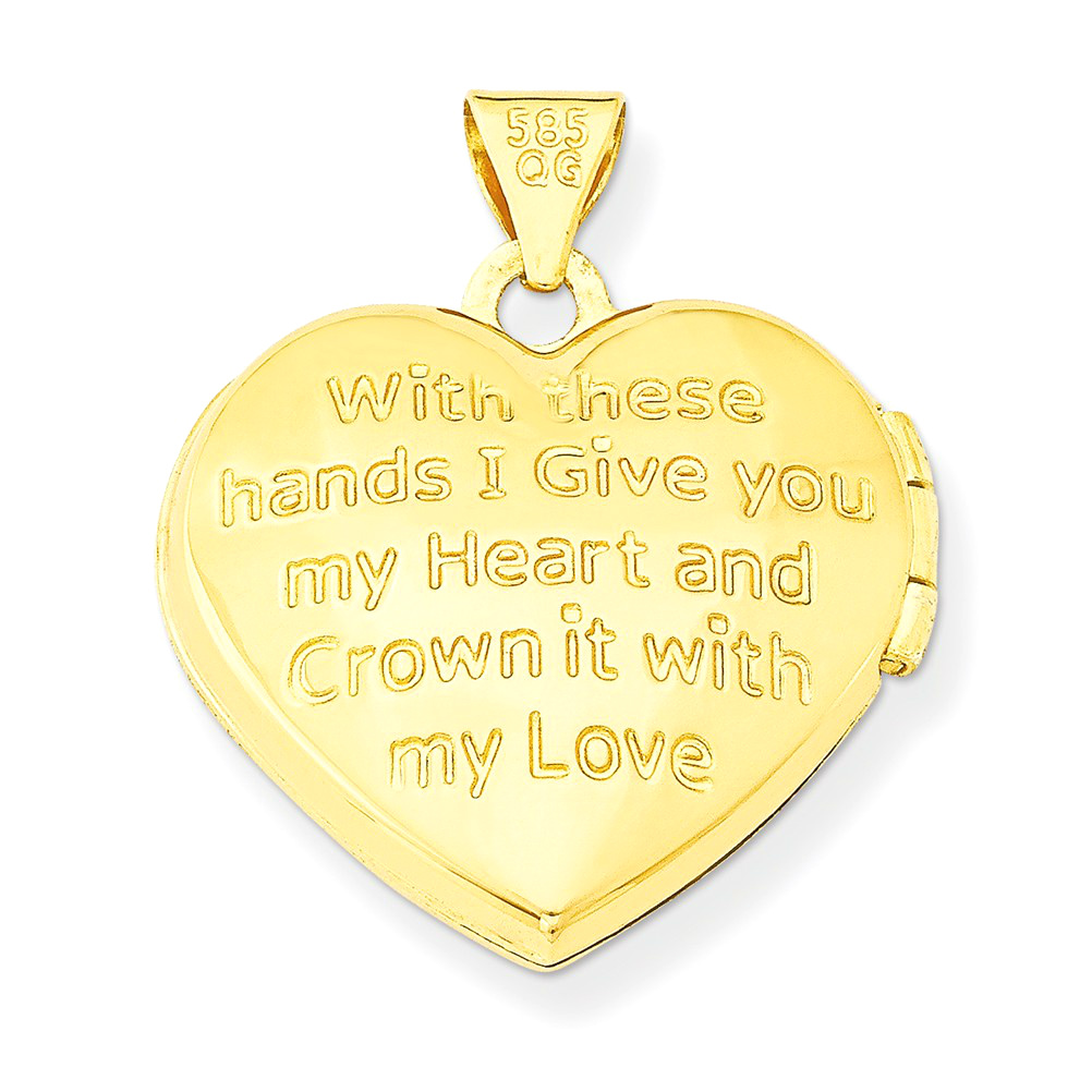 14k Yellow Gold Reversible Claddagh Locket says 'With these hands I Give you my Heart and Crown it with my Love.'