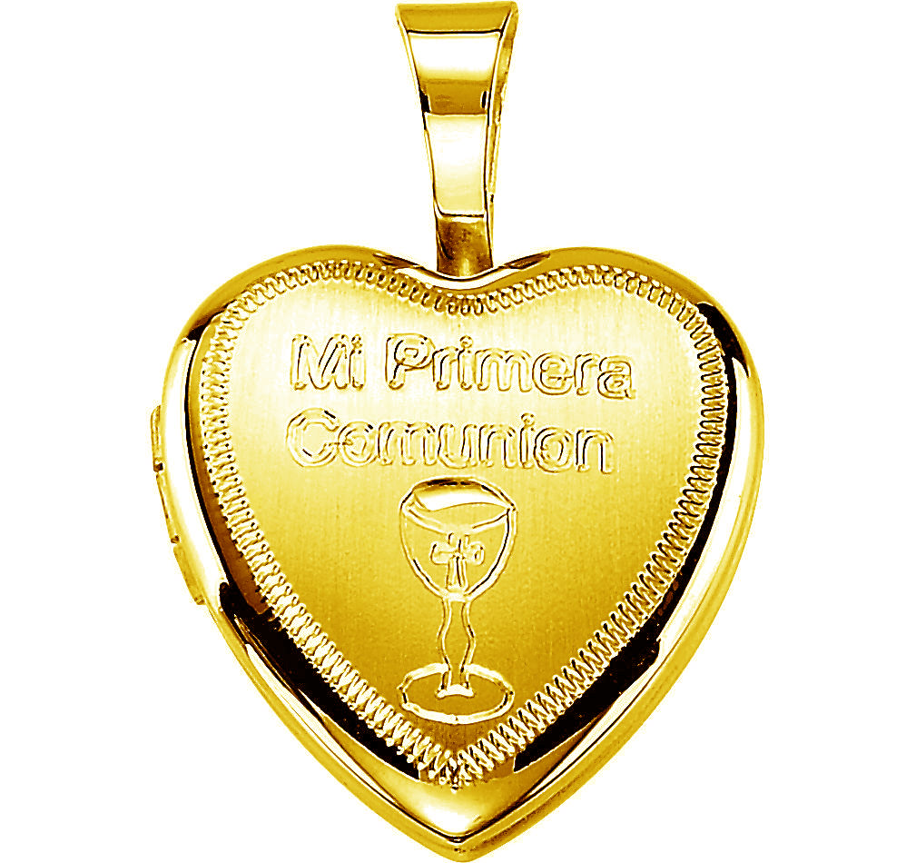 Heart locket engraved text 'Mi Primera Communion' above a grail with an engraved cross on a satin background framed with milgrain edging; crafted in polished 14k yellow gold plated sterling silver.