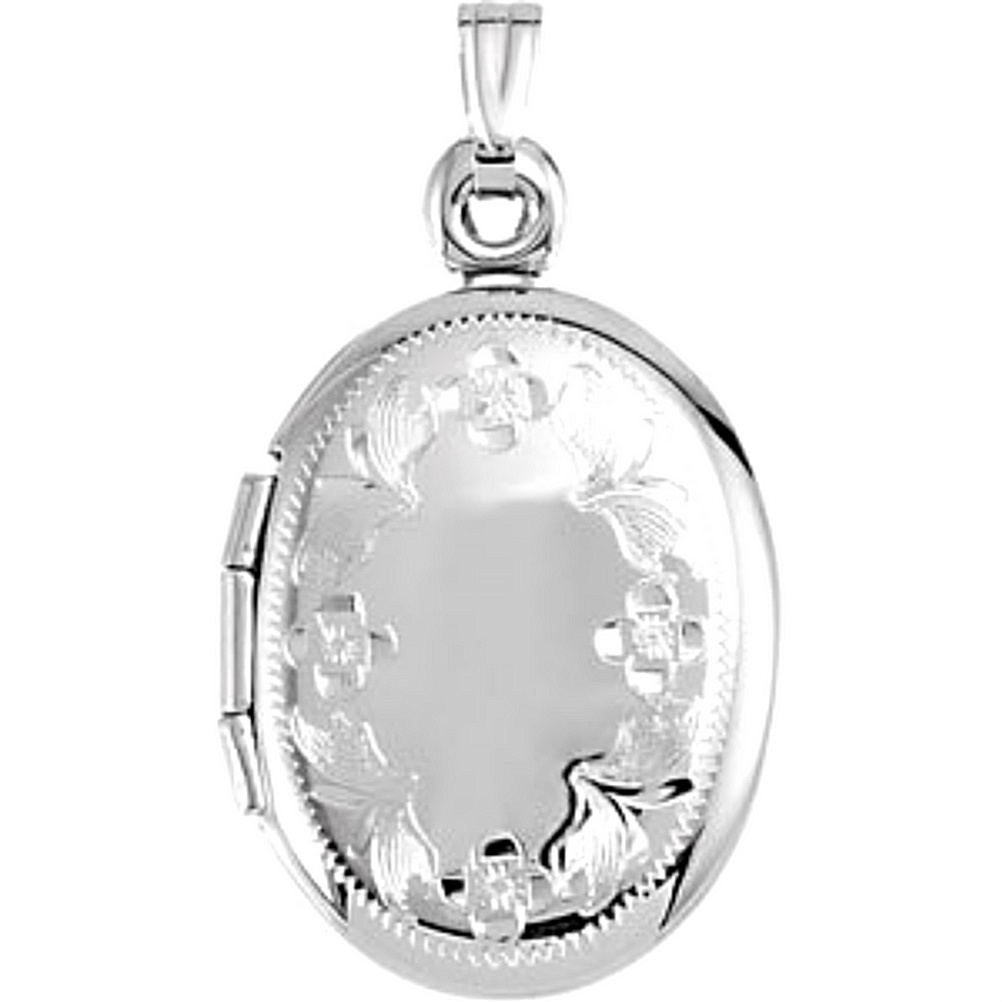 14k White Gold Ovale Locket with a Floral Engraved Border