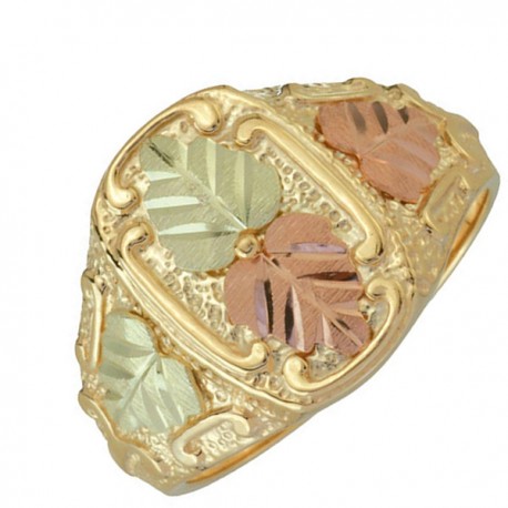 Rectangle Black Hills Gold Hammer Finished Black Hills Gold Signet Ring, 10k Yellow Gold