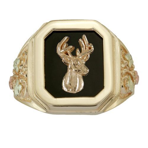 Men's Deer and Onyx Octagon Ring, 10k Yellow Gold, 12k Green and Rose Gold Black Hills Gold Motif