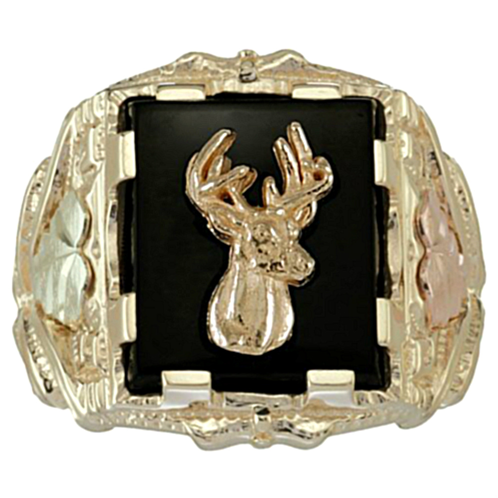 Mens Deer Onyx Square Ring, 10k Yellow Gold, 12k Green and Rose Gold Black Hills Gold Motif