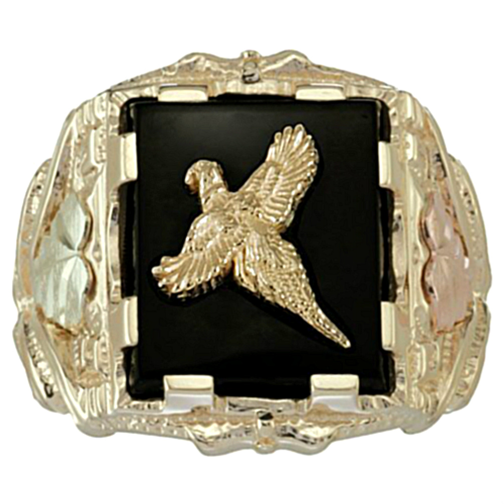 Men's Pheasant and Onyx Square Ring, 10k Yellow Gold, 12k Green and Rose Gold Black Hills Gold Motif